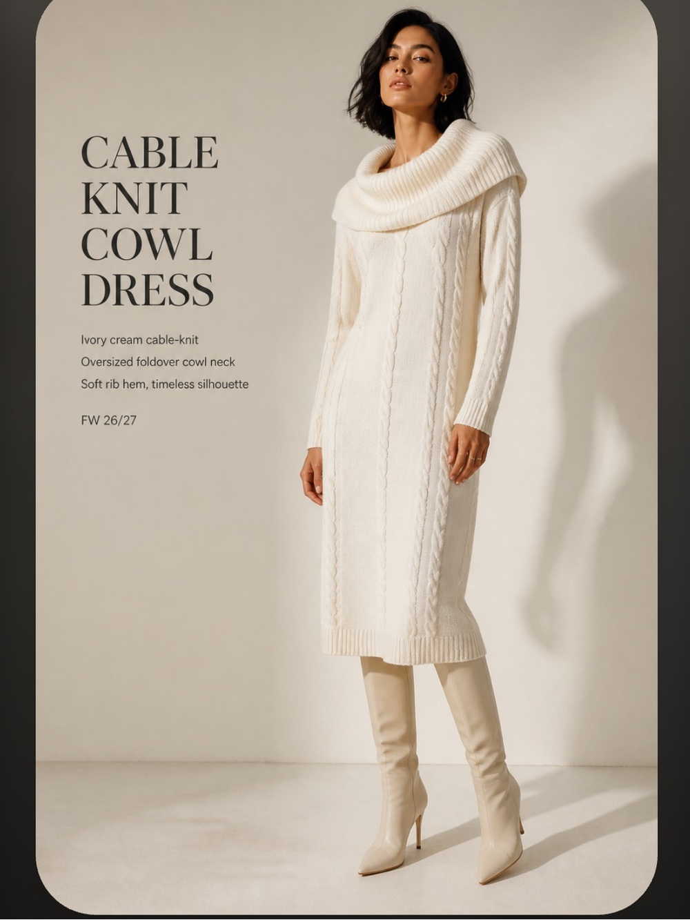 BOSTON PROPER Cable Knit Sweater Dress Ivory Cream Cowl Neck Pullover